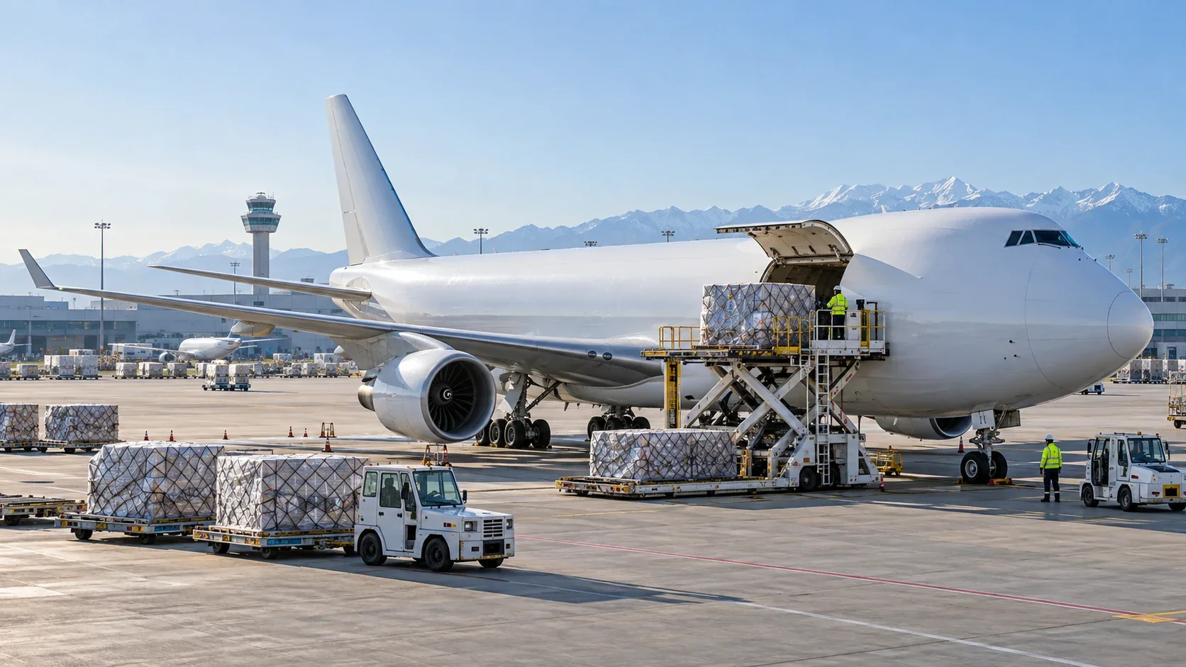 Cargo aircraft and freight at an airport
