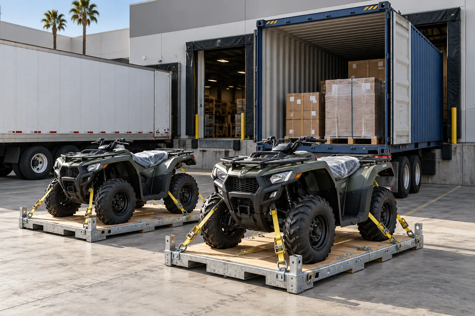 Illustration of ATVs prepared for transloading beside a freight container