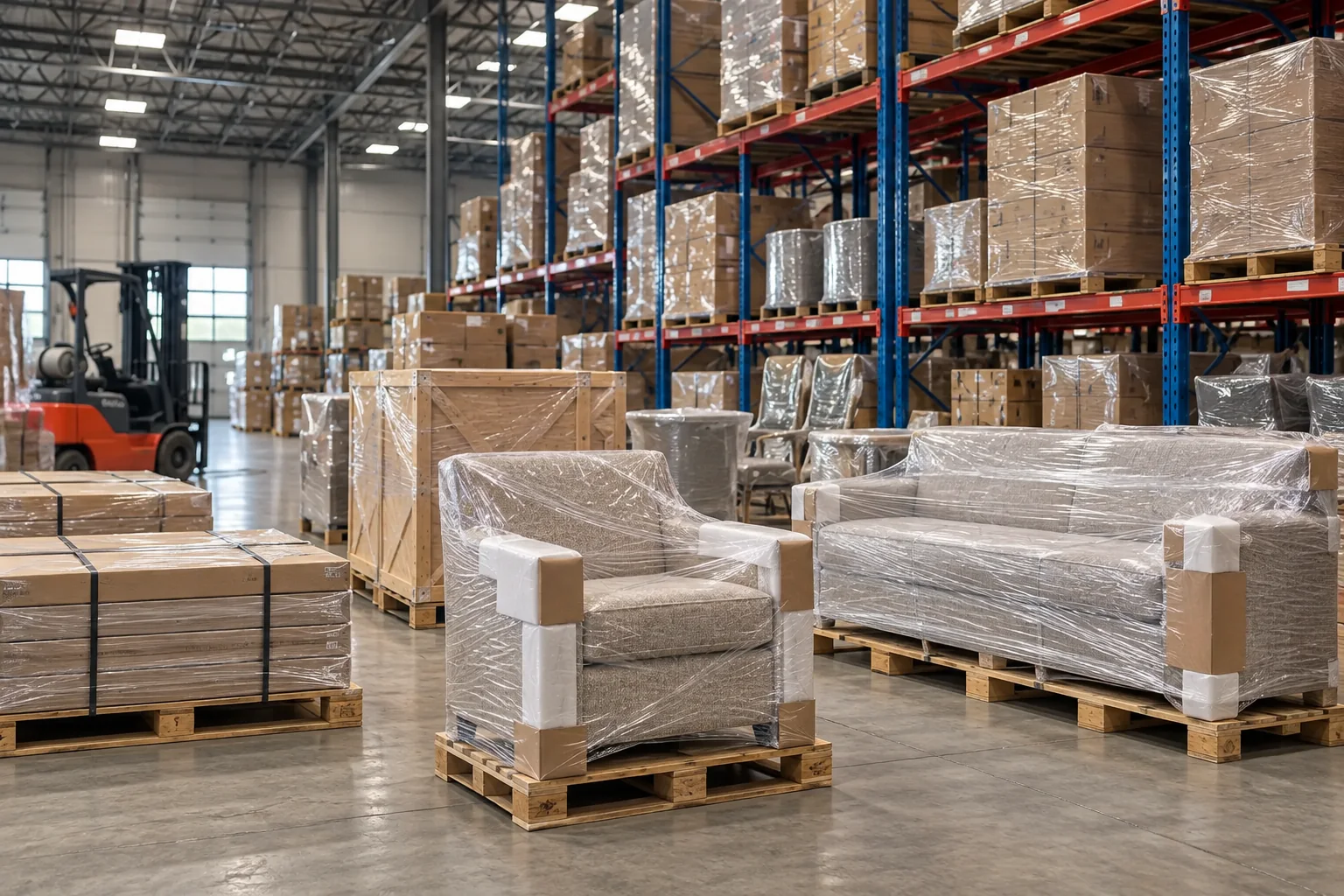 Hotel furnishings staged in a warehouse