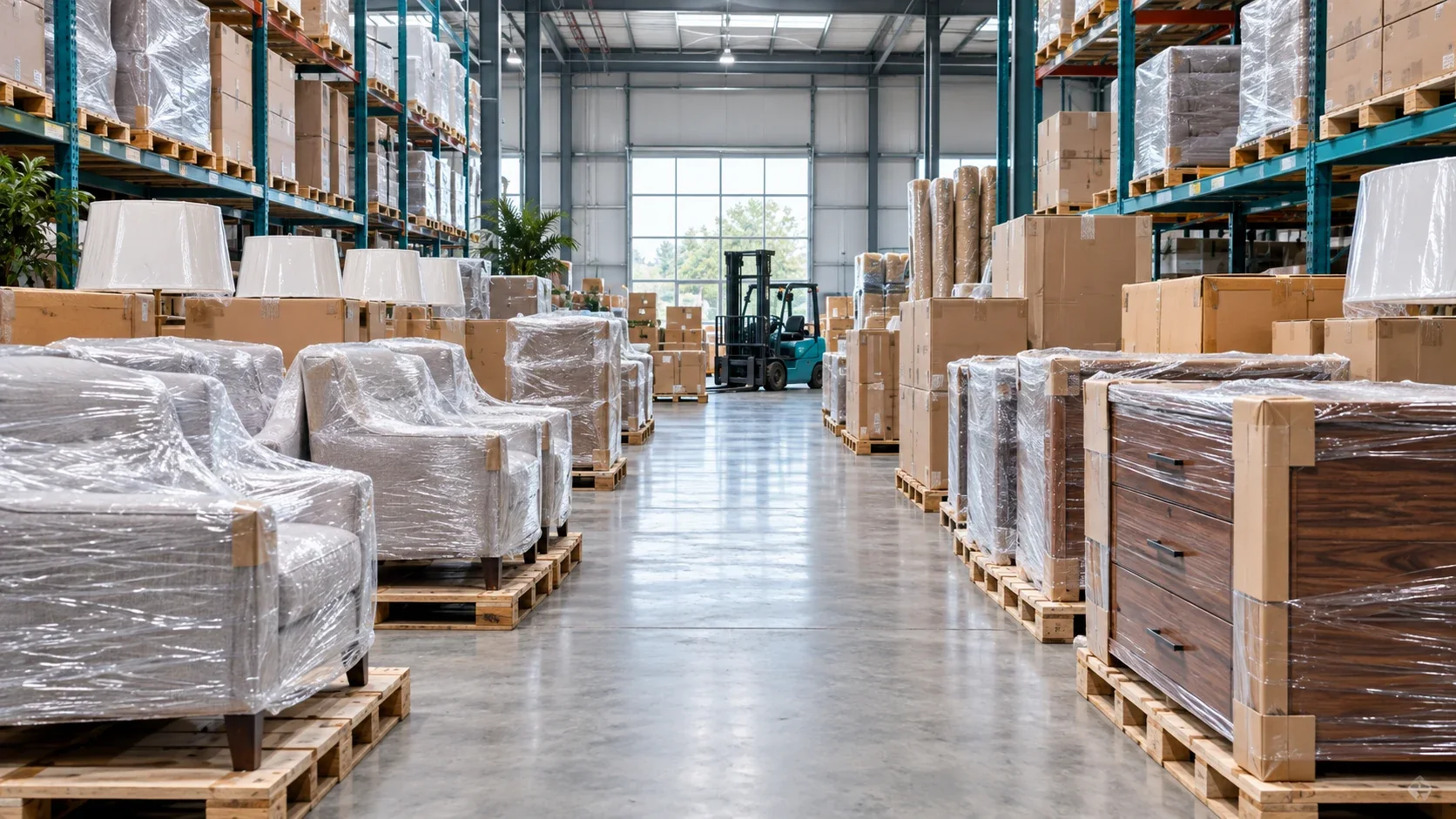 Wrapped furniture staged inside a warehouse