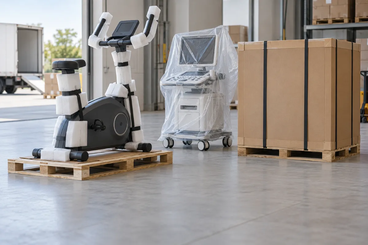 Illustrative fitness and medical equipment prepared for freight transport