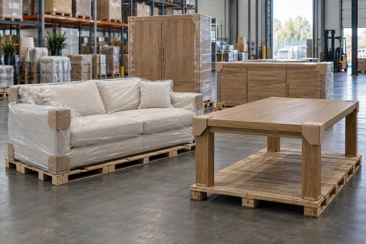 Illustration of protected furniture and bulky home goods prepared for shipping