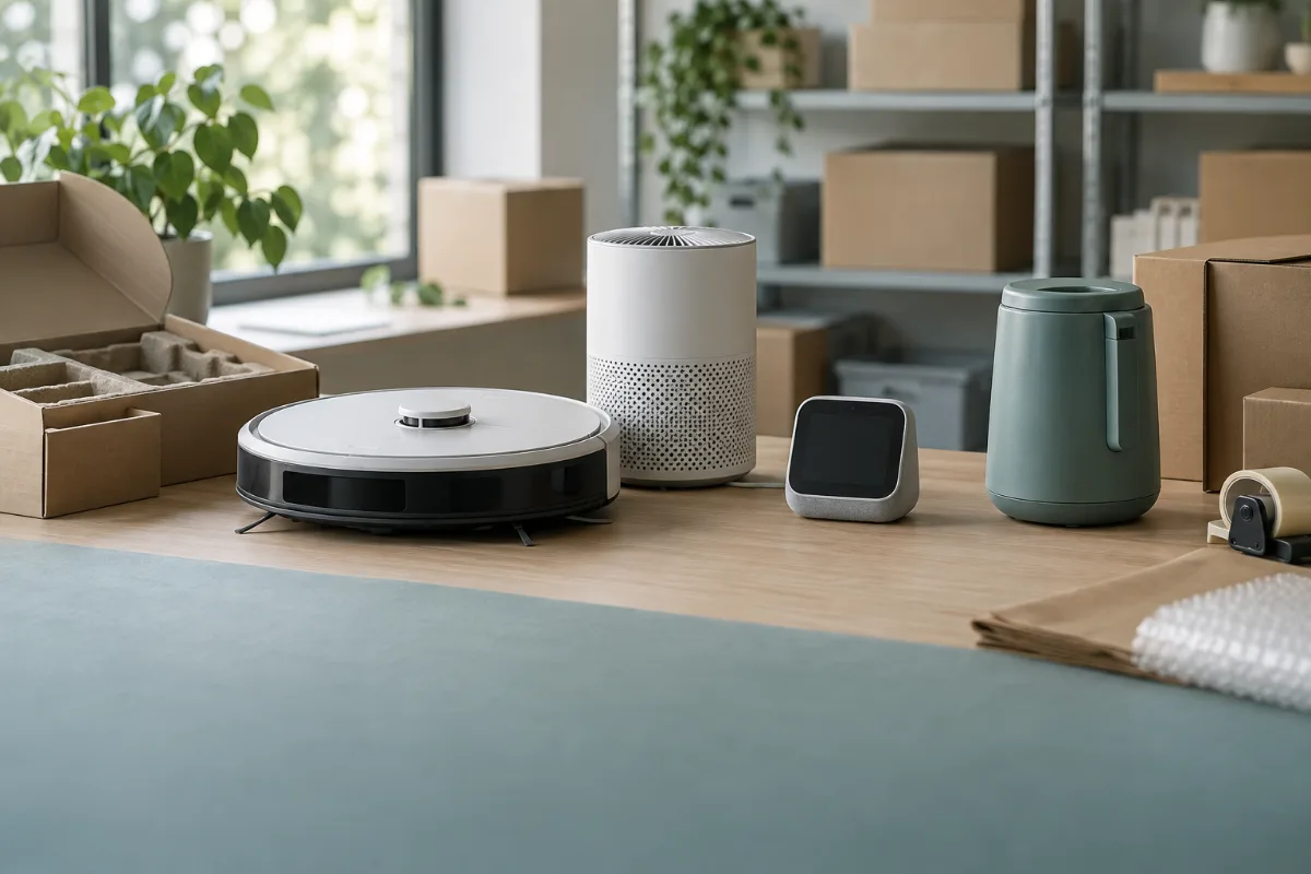 Illustrative smart-living products with protective shipping packaging