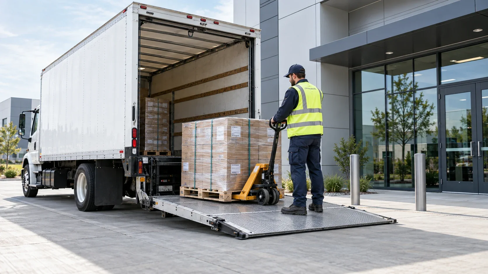 Pallet freight being unloaded at a receiving point