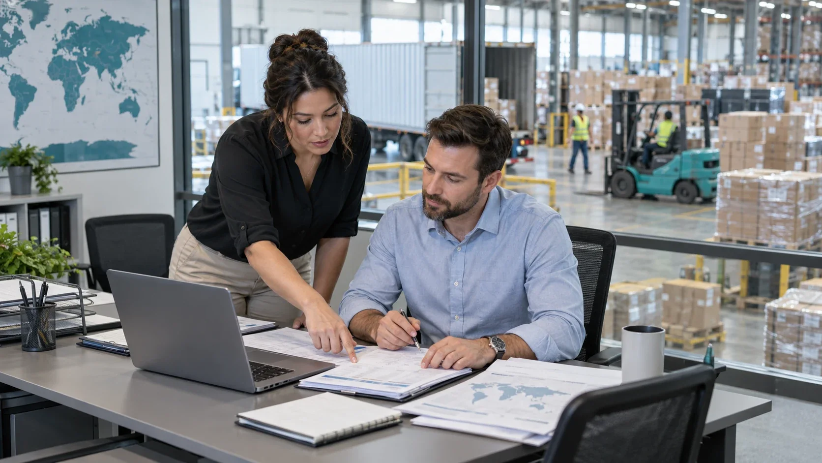 Logistics staff coordinating shipments at a desk