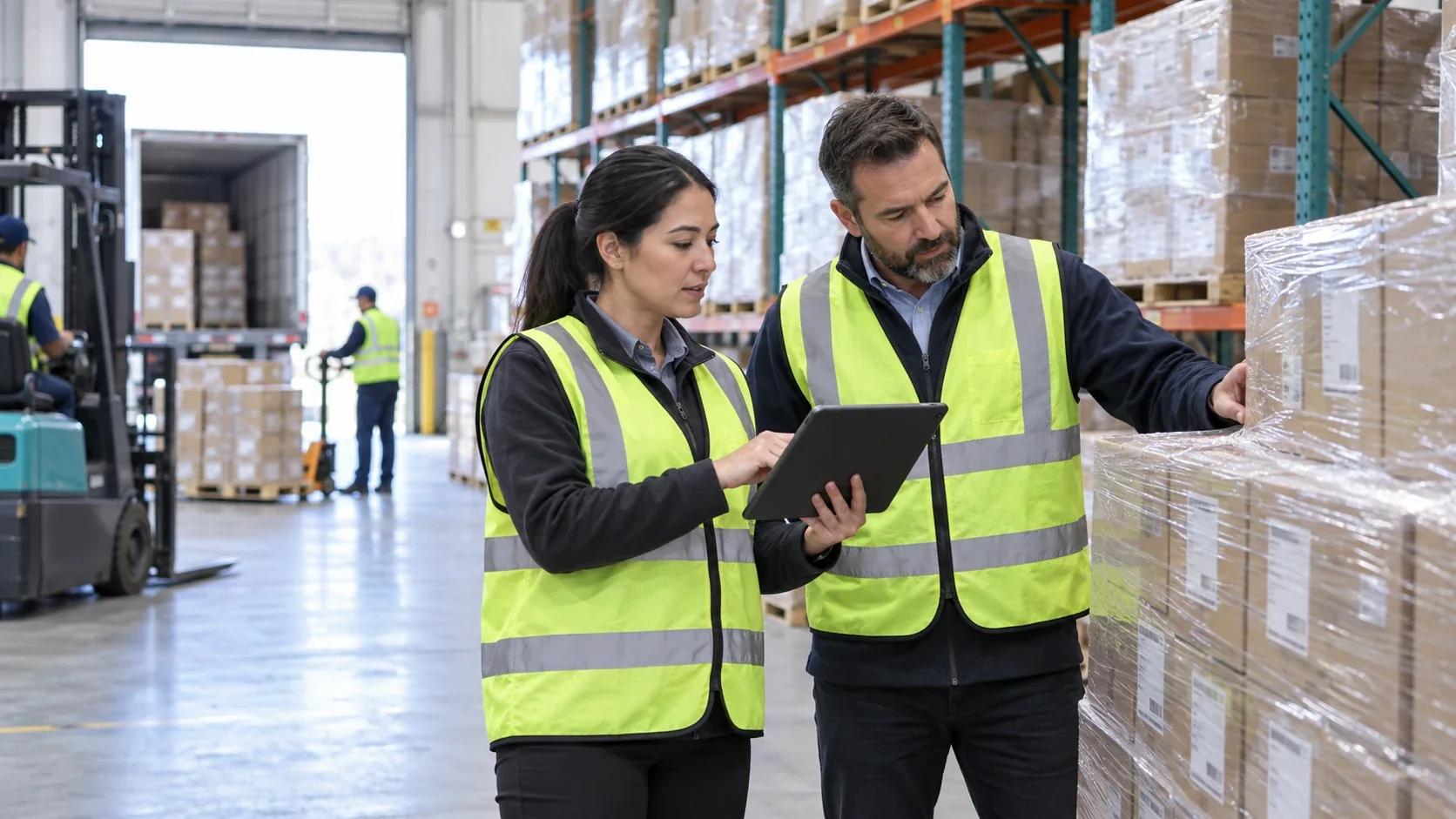 Warehouse staff reviewing shipment information