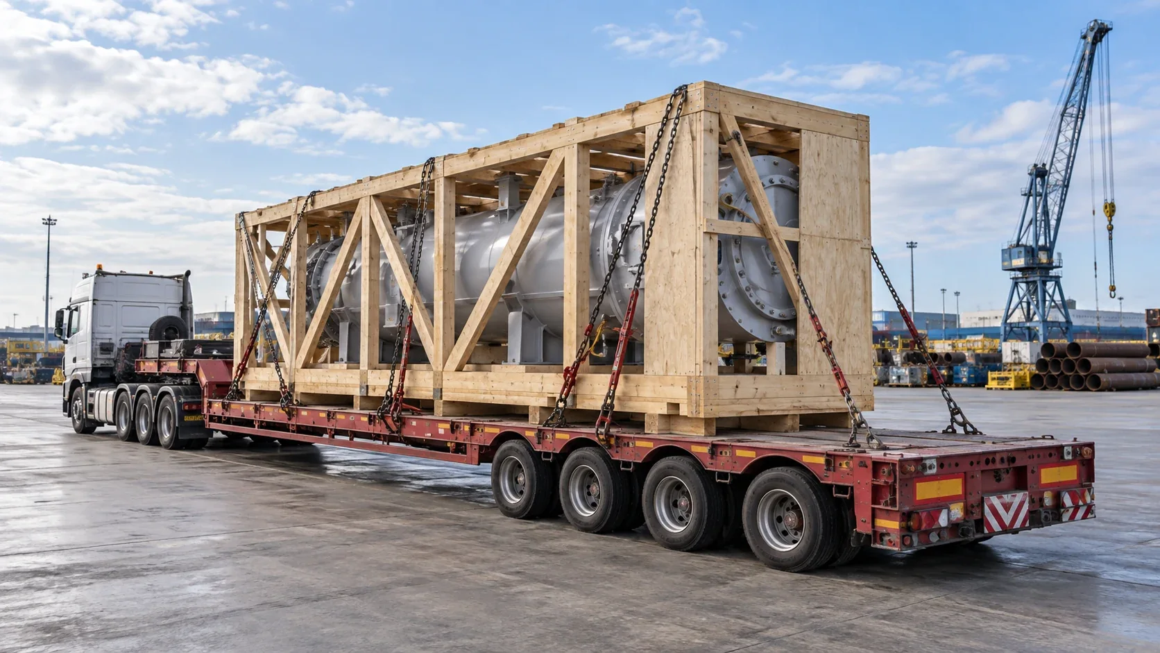 Large crated equipment secured on a trailer