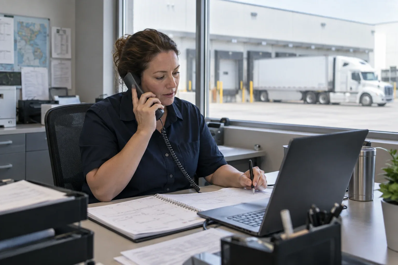 Logistics staff coordinating a freight pickup appointment