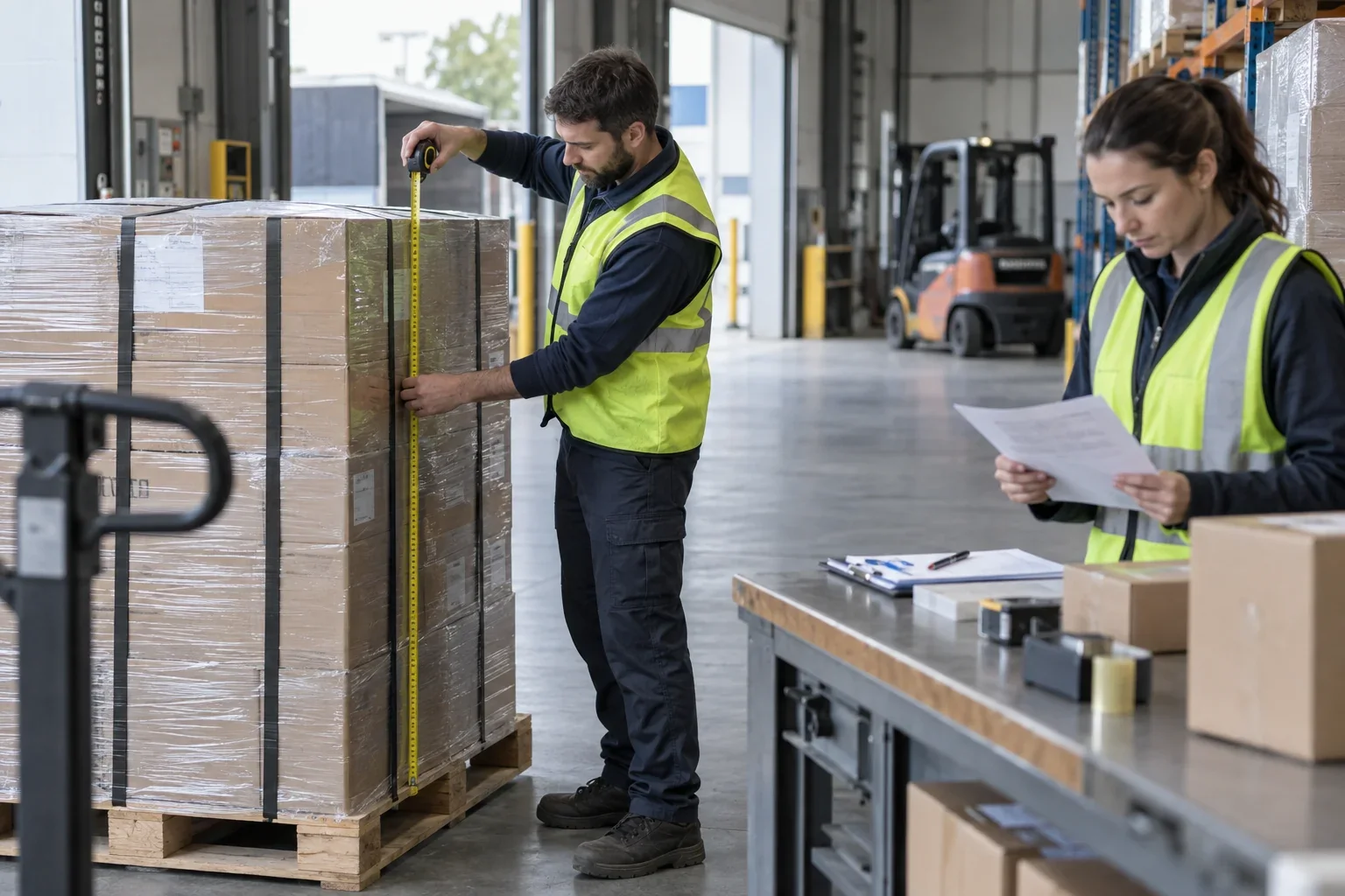 Logistics staff reviewing packaged cargo