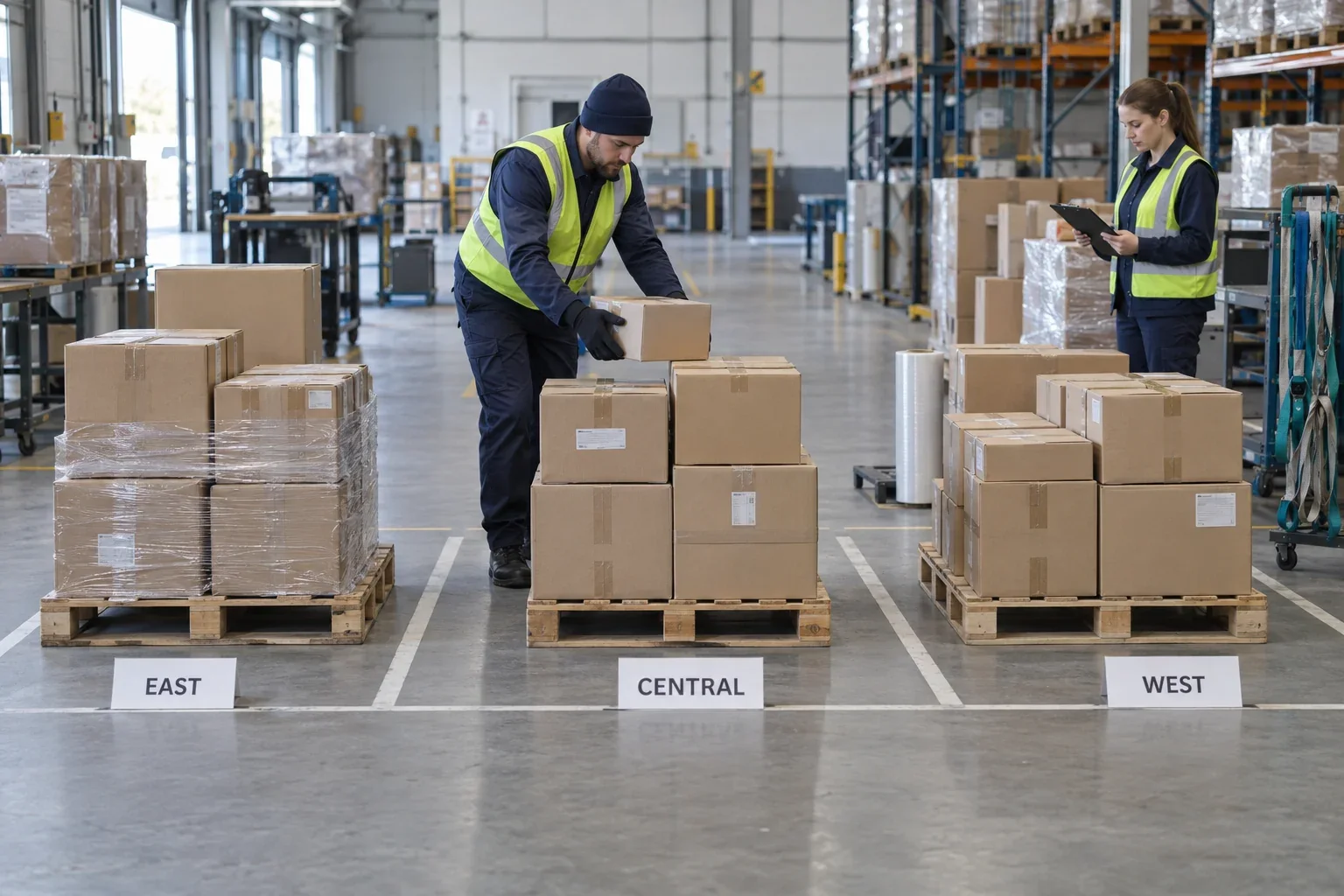 Warehouse staff sorting and preparing cartons for shipment