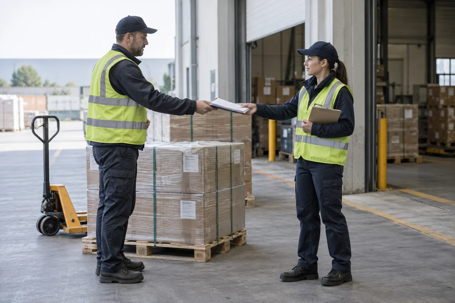Cargo prepared for handoff at a freight facility