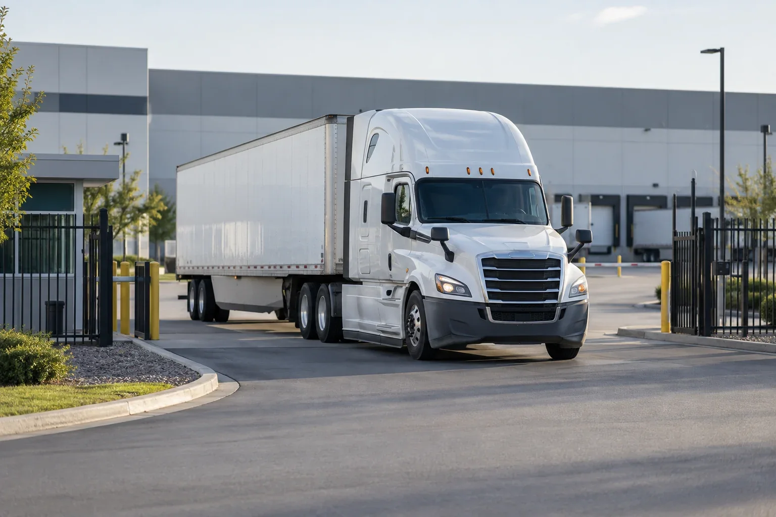 Freight truck leaving a warehouse for delivery