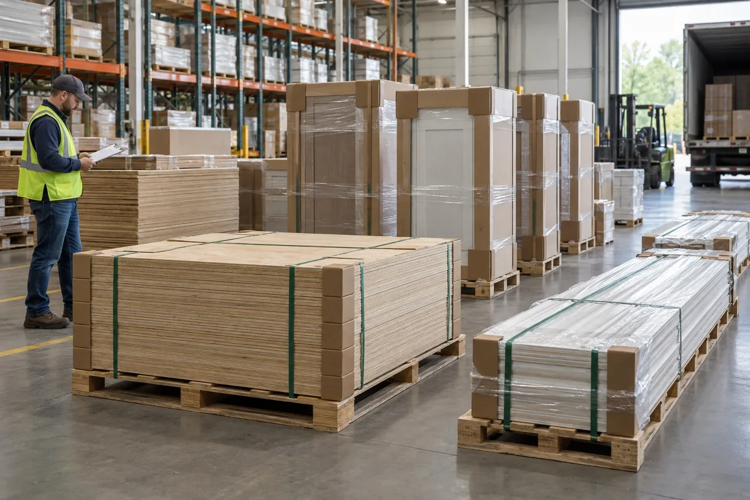 Protected building materials staged on pallets